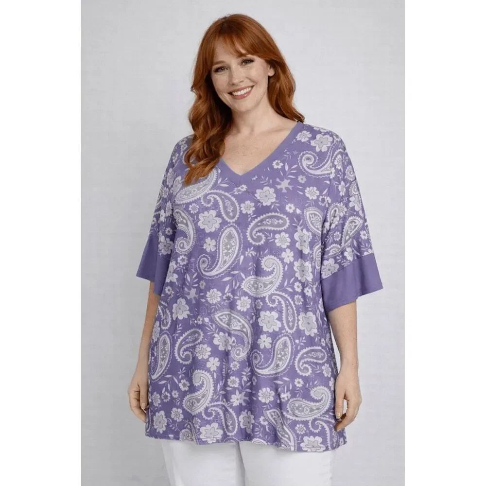 Women's Purple V-neck Ruffle Sleeve Tunic L
